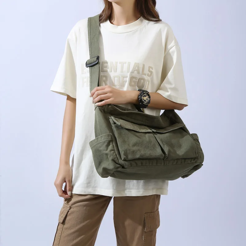 

Вместительные холщовые сумки для женщин, однотонная простая сумка через плечо с двумя карманами для покупок, повседневная женская сумка для покупок, 2023