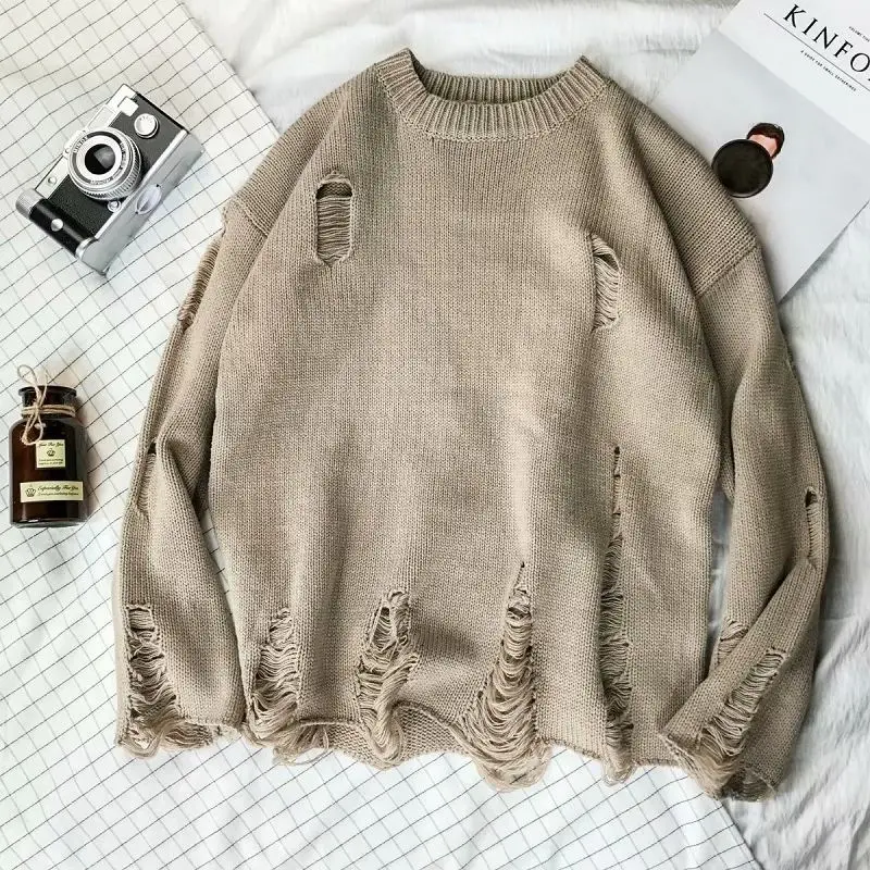 

Wash Hole Ripped Knit Sweaters Men Women Streetwear Hip Hop Pullovers Jumper Fashion Oversized All-match Men Winter Clothes