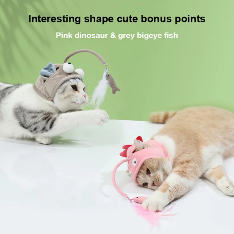 

Funny Cat Toy Cap Dinosaur Cat Hat Interactive Feather Cat Stick Toy Kitten Playing Teaser Wand Toys for Cats Newest