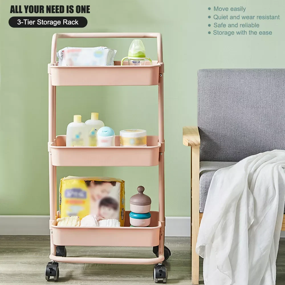 

3-Tier Kitchen Storage Cart Rolling Utility Cart Trolley Rolling Rack with Lockable Wheel Handle Multifunction Mobile Shelving
