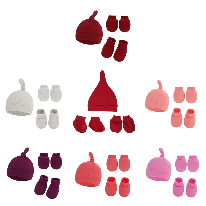 

1 Set Baby Anti Scratching Gloves Tail Knot Hat Foot Cover Set Soft Cotton Newborn No Scratch Mittens Socks Beanies