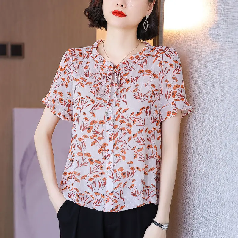 

Рубашка женская из дробленого шифона, Новинка лета 2022, тонкая рубашка с коротким рукавом, Повседневная блузка большого размера с круглым вы...