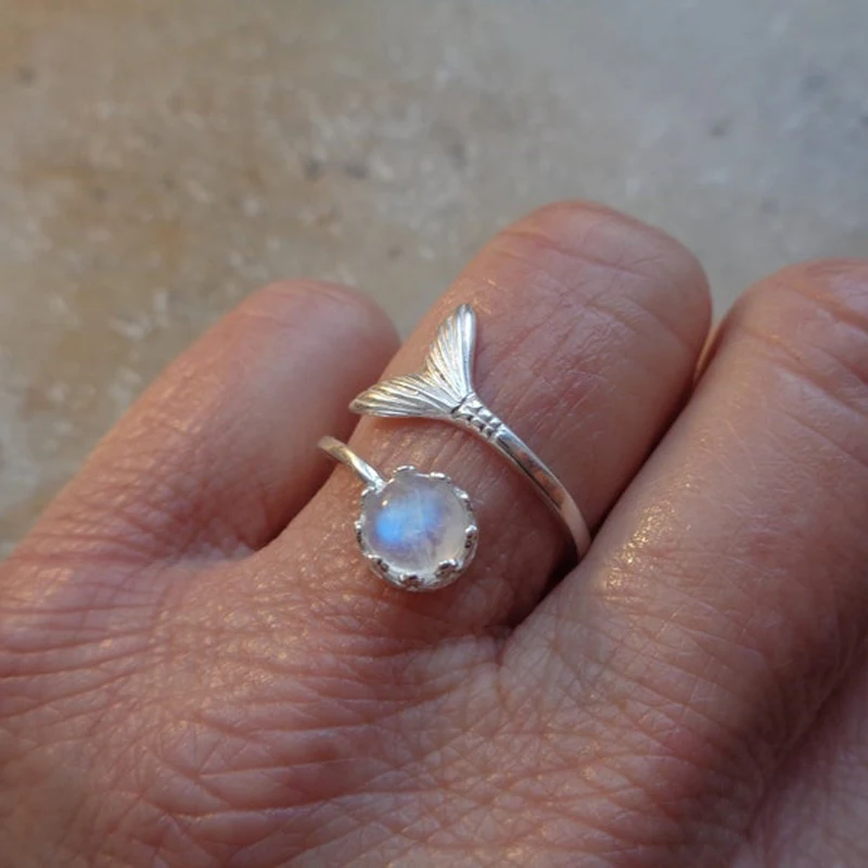 

Moonstone Ring For Women Silver Color Adjustable Opening Accessories Ocean Fish Mermaid Tail Finger Jewelry Party Wedding Gift