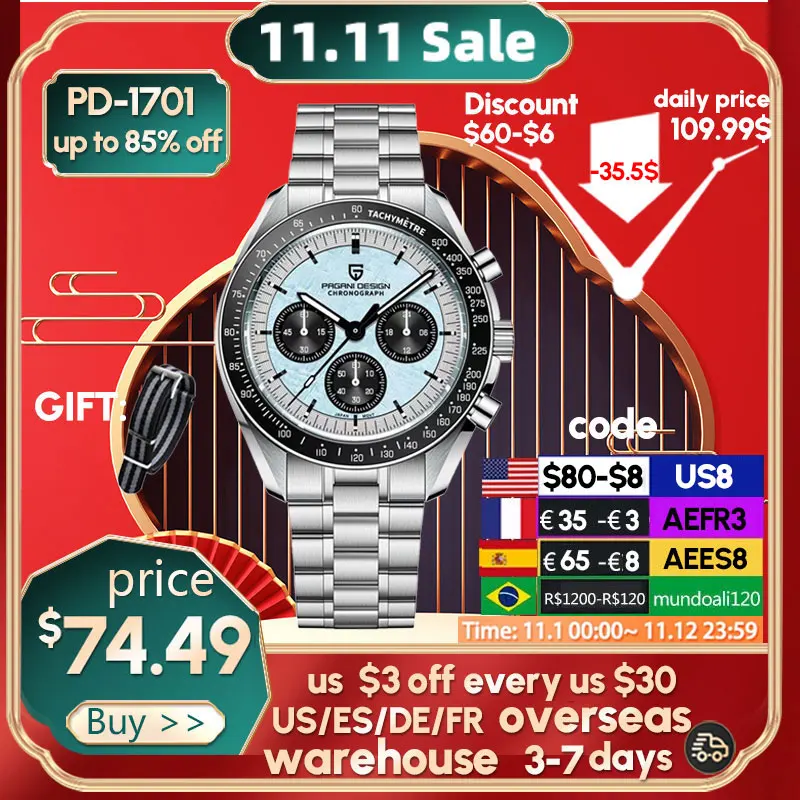 Цена Часы PAGANI DESIGN Мужские кварцевые, автоматические зеркальные водонепроницаемые аналоговые, 40 мм, с Луной, с хронографом, в японском стиле, VK63