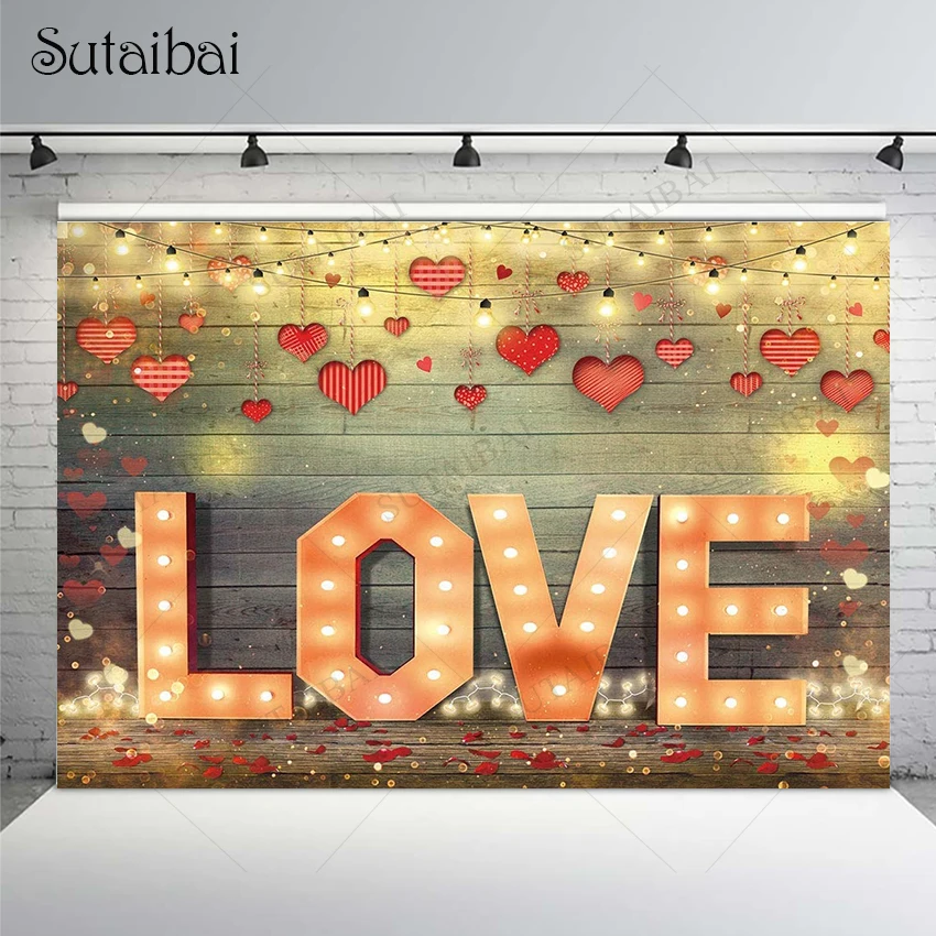 

Valentine Day Photography Background Wooden Board Gold Glitters Dot Red Love Heart Petal Wedding Bridal Shower Photo Booth Props