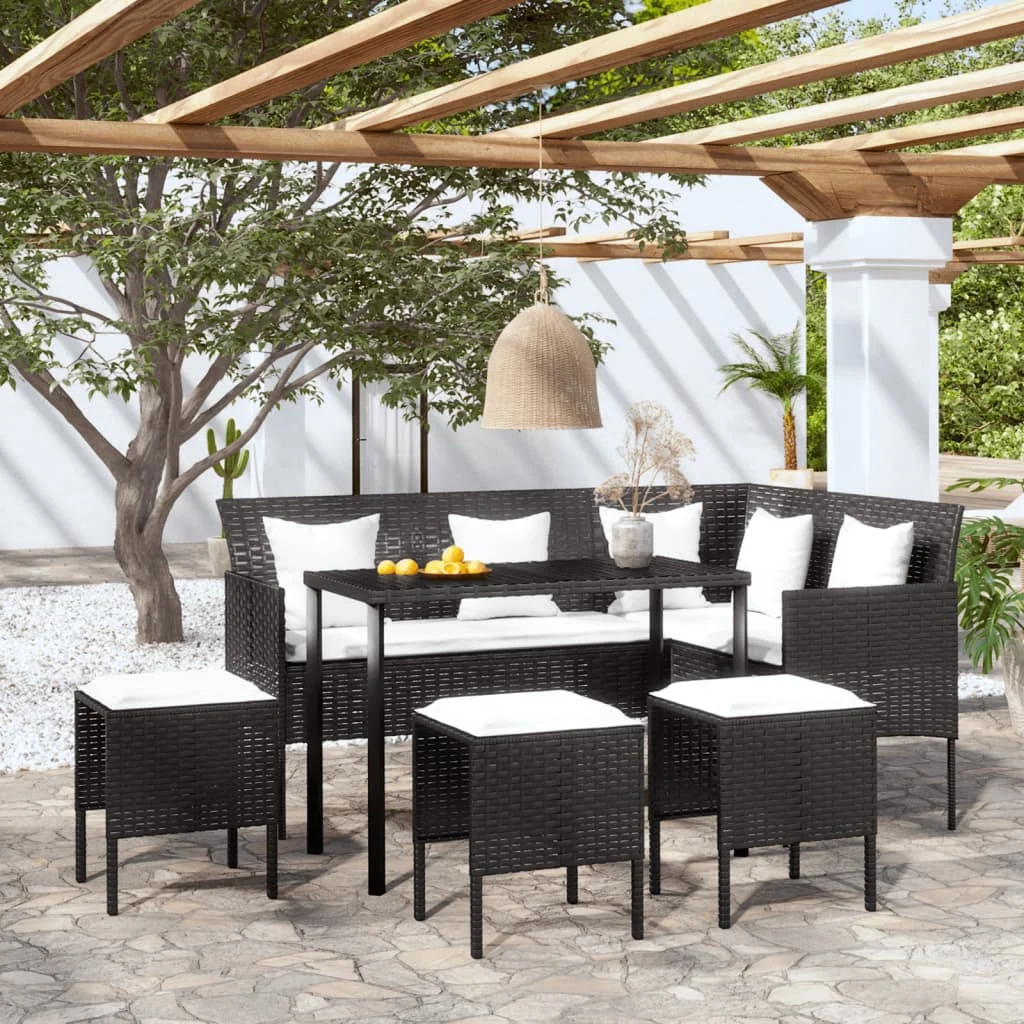 

5 Piece L-shaped Couch Sofa Set,Patio Table and Chair Set, with Cushions Poly Rattan Black