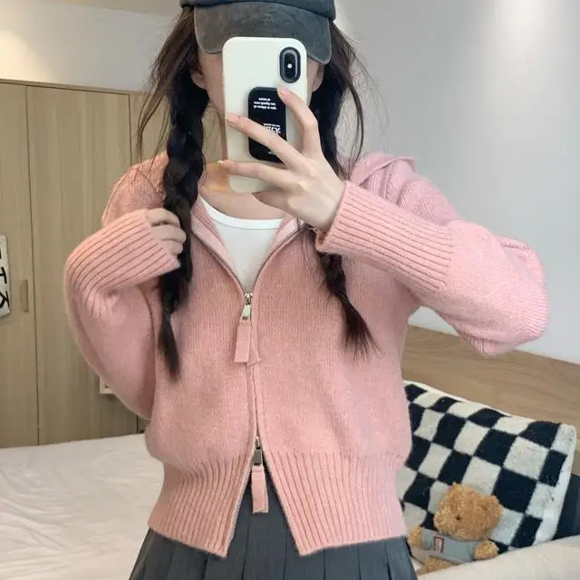 

Fashionable Solid Color Women's Knitted Cardigan Coat Autumn Winter 2023 New Casual Hooded Long Sleeve Sweater Female T455