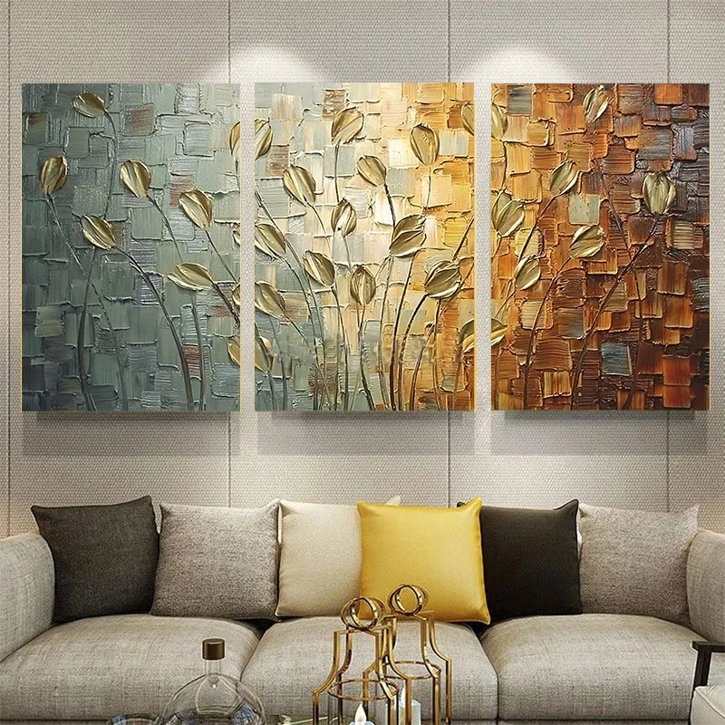 

3Panel/Set Modern Canvas Paintings Palette Knife Gold Tree Flowers Thick Oil Painting Home Living Room Decor Wall Art Cuadros