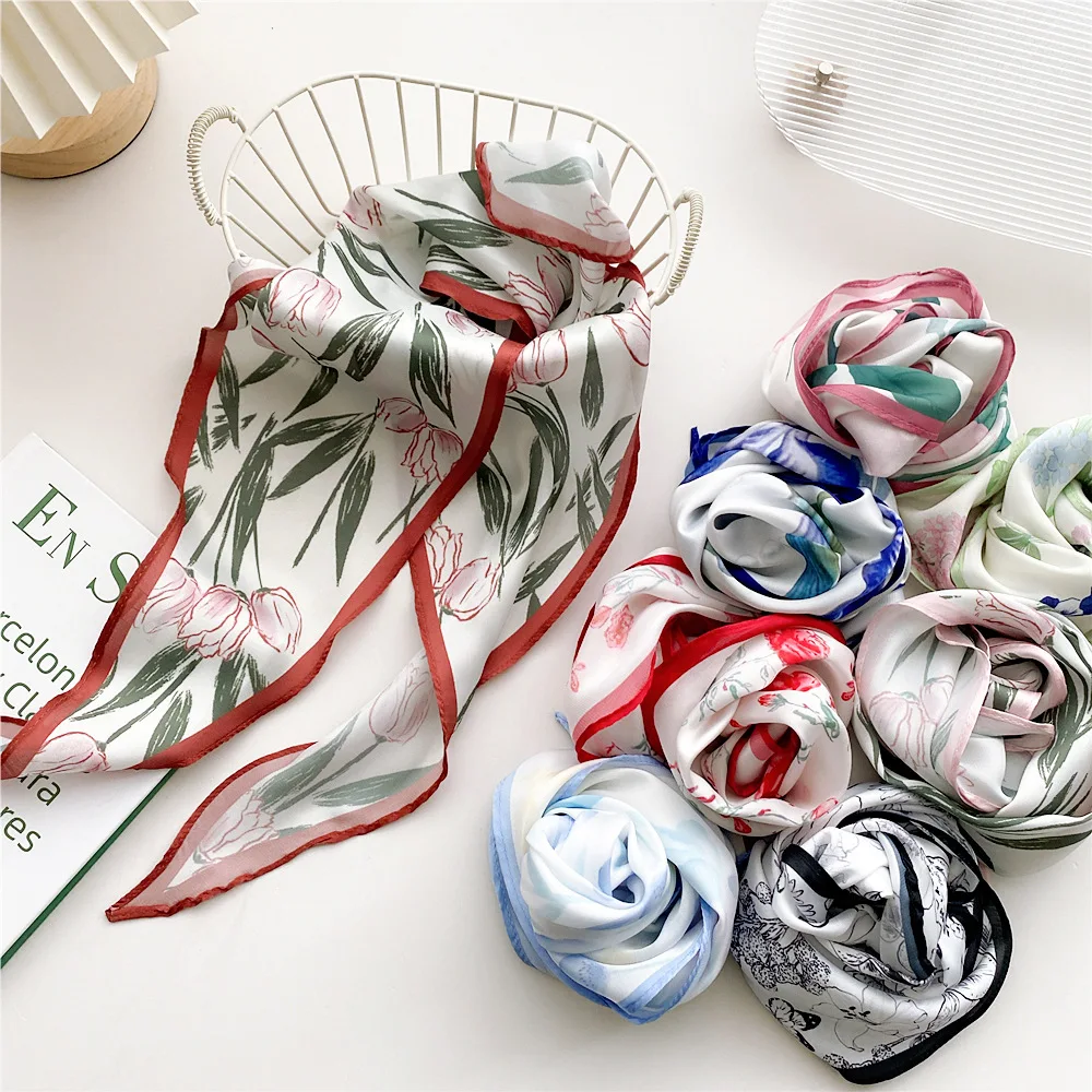 

New Skinny Scarves Handle Bag Band Bandana Flower Long Narrow Neckerchief Women Diamond Shaped Neck Scarf Tie Ribbon Hair Tie