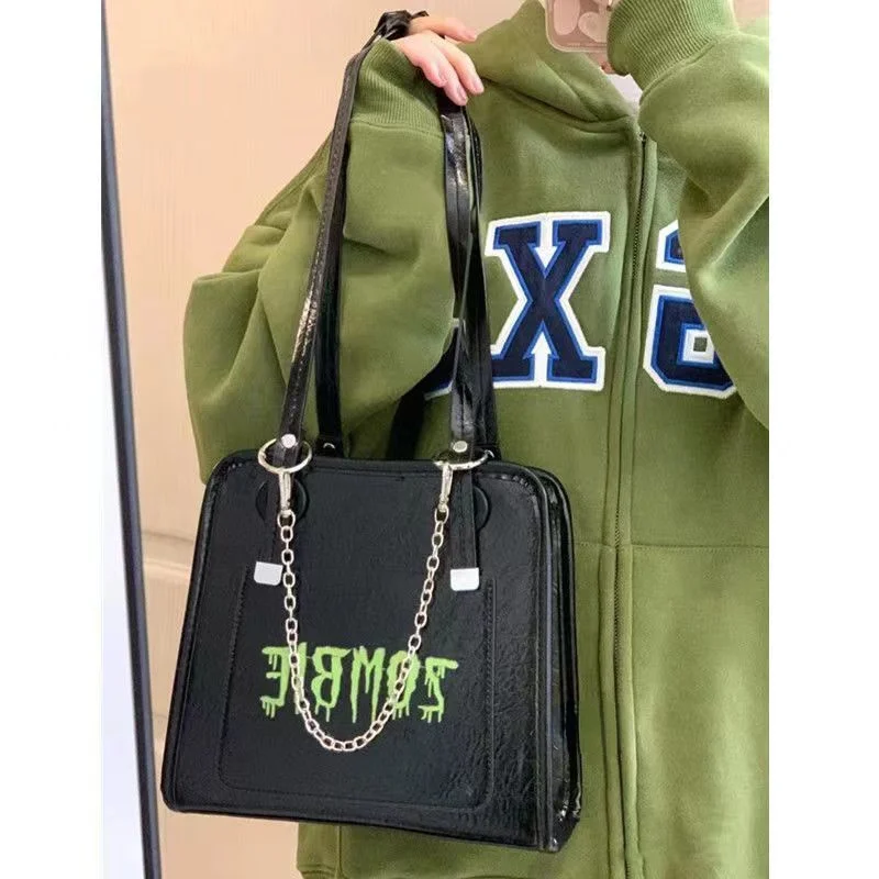 

Y2k Handbags for Women Trendyol Moto Biker Gothic Shoulder Bag Street Punk Letter Print Autumn 2023 Pu Leather Bag