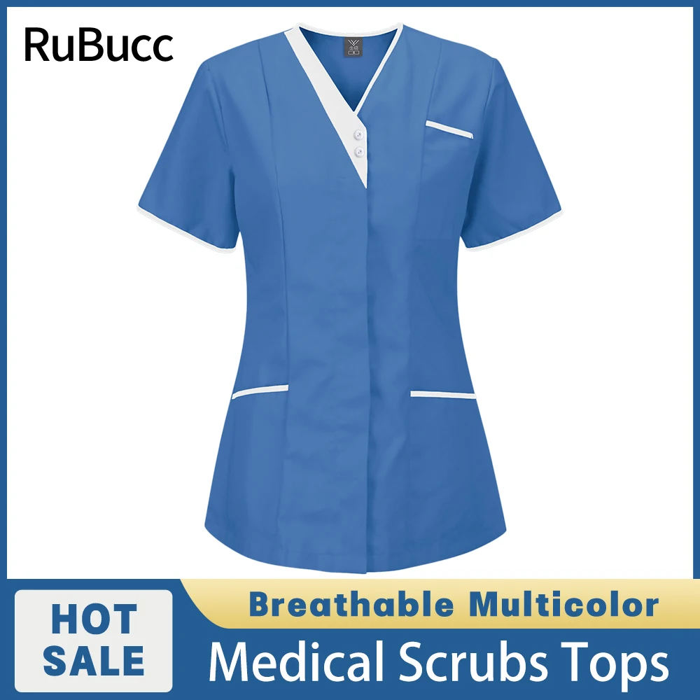 

Tunic Blouse Nurse Clothes Oversized Uniform Nurse Scrub Top Women Short Sleeve V Neck Medical Uniform Pockets Medical Tops New