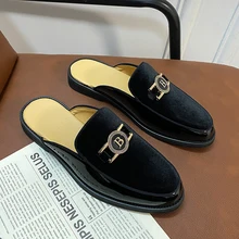 Men Mules Leather Slipper Summer Walk Loafers Open Style Half Flat Shoes Casual Sandals Metal Lock Slides Moccasin Big Size 47