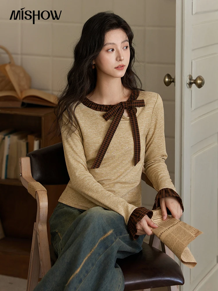 MISHOW вязаный свитер с бантом женский повседневный клетчатый низ топ 2024 осень-зима