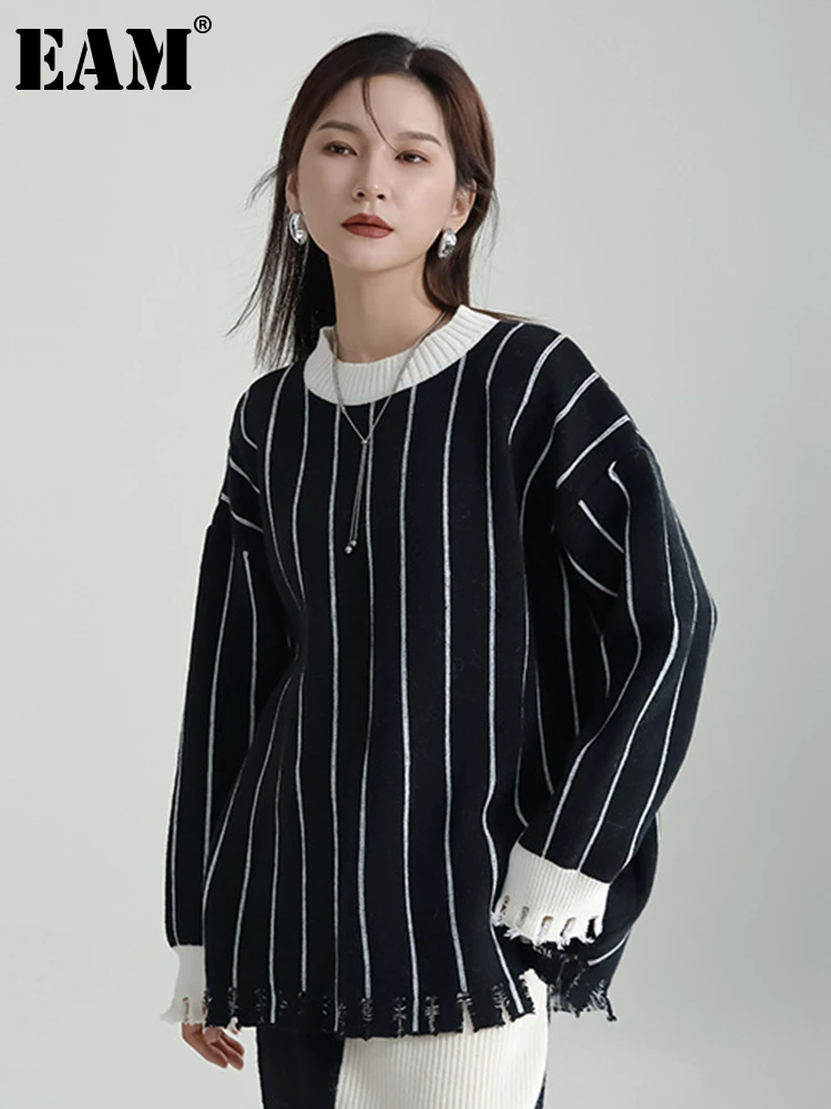 

[EAM] вязаный свитер цвета хаки в полоску с отверстиями, круглый вырез, длинный рукав, женские пуловеры, новая мода, Осень-зима 2022, 1DF2895