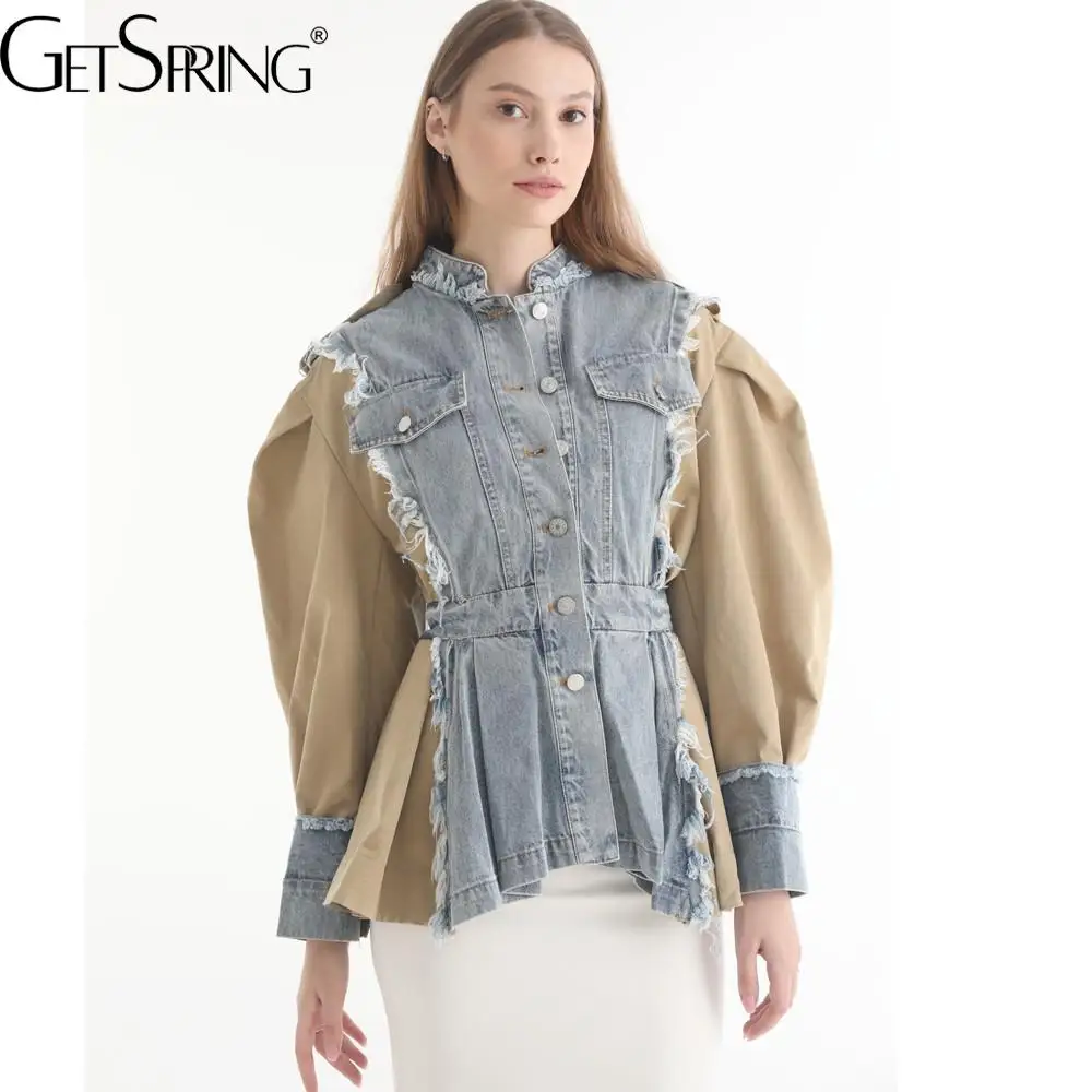 

Getspring Women Coat Denim Jacket Stitched Puff Sleeve Color Matching Single Breasted Ladies Jean Fashion Autumn Female Tops