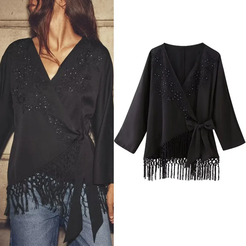 

TRAF Fringed Embroidered Tops For Women Japanese V-Neck Long Sleeves Kimono Top Black Front Tie Wrap Blouses 2023 Fashion Ladies