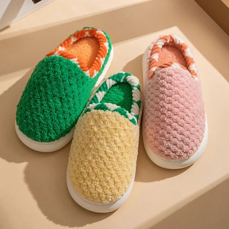 

Women Home Fur Slippers Fashion Simple Solid Color Winter Warm Plush Couples Cotton Shoes Indoor Thick Sole Fluffy Slides