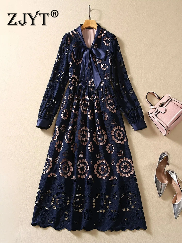 

ZJYT Luxury Embroidery Hollow Blue Lace Dress for Party Women Autumn Runway Midi Vestidos Holiday Elegant Bow Collar Robes XXL