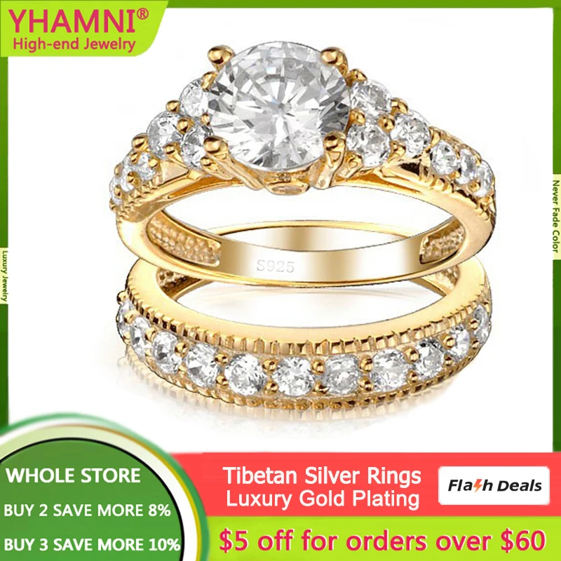 

Fine Yellow Gold Color 2 Carat Cubic Zirconia Rings for Women Luxury Engagement Jewelry Real Tibetan Silver Wedding Bands Set