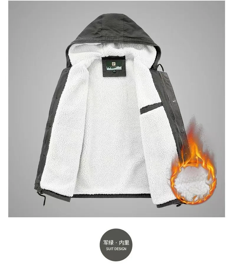 Men'S Winter Cotton Clothes Men'S Jacket Male Lamb Fleece Thickened Hooded Jacket Jacket Men'S Retro Overalls Warm Clothes M-5xl