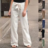 casual women cotton linen long pants solid color elastic waist trousers loose wide legs women bottoms pants sweatpants
