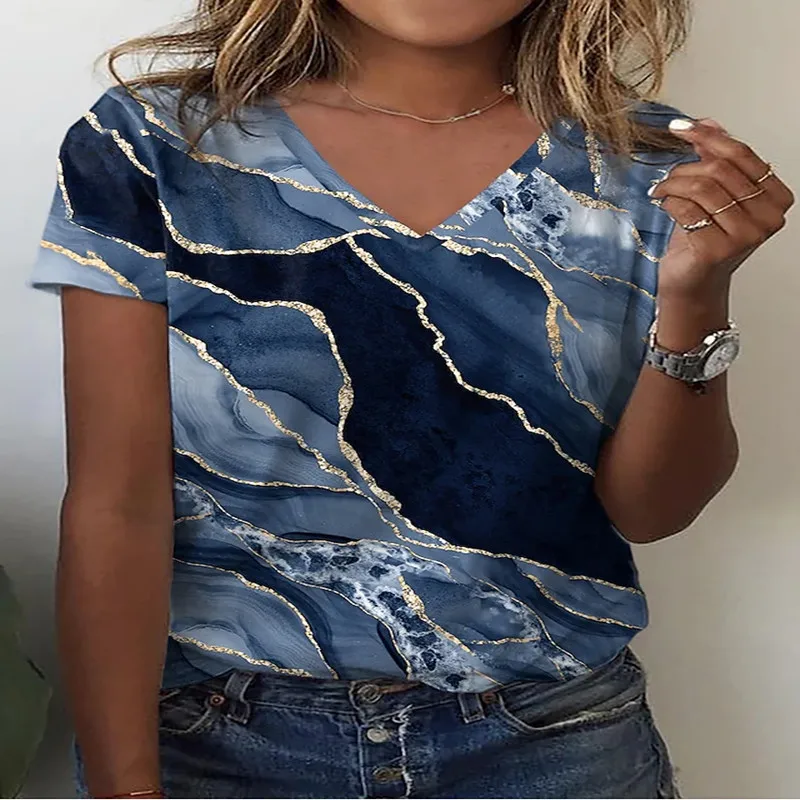 

2022 New Summer Halo Dyed Short Sleeve Sexy V-Neck 3D Print Women's T-Shirt Fashion Regular Daily Wear Top Loose Korea y2k