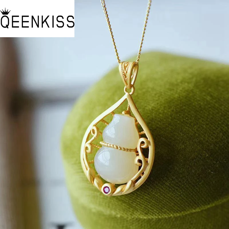 

QEENKISS NC5276 Fine Jewelry Wholesale Fashion Woman Girl Bride Mother Birthday Wedding Gift Calabash Jade 24KT Gold Necklace