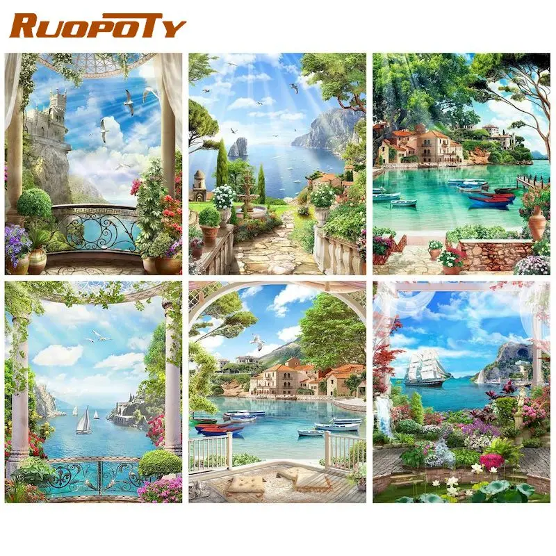 

RUOPOTY Acrylic Painting By Numbers Kits On Canvas Framed DIY Craft Outdoor Scenery Picture With Numbers For Home Decors