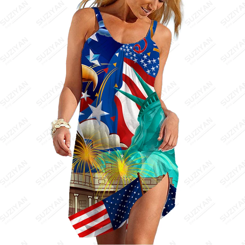 

Летнее женское платье на бретельках с американским флагом, женское платье с 3D принтом, женское модное Повседневное платье на бретельках