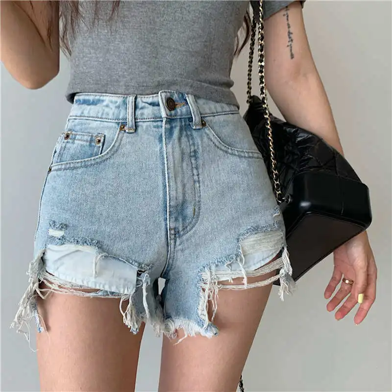 

Ripped Denim Shorts Women's Summer New Streetwear Sexy High Waist Slim Retro Raw Edge A-Line Hotpants Fashion Short Jeans C8085