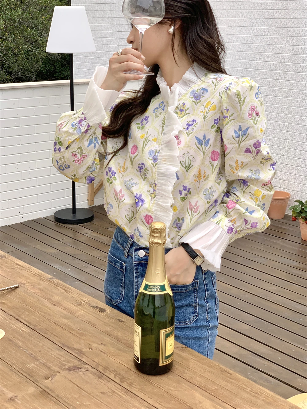 

Y2k элегантная Цветочная блузка для женщин, модные топы с высоким воротником, 2023 Blusas Mujer De Moda, блузки с пышными рукавами и оборками, рубашка