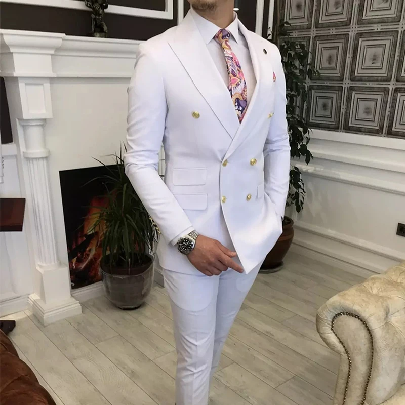 Double Breasted White Men Suits with Peaked Lapel Slim Fit 2 Piece Wedding Tuxedo Male Fashion Prom Costume Jacket Pants