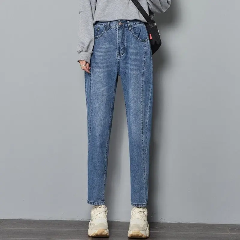 

Cotton Straight Jeans Woman Elasticity High Waist Jeans Woman Mom Jeans Blue New Loose Harem Pants Hot Sale