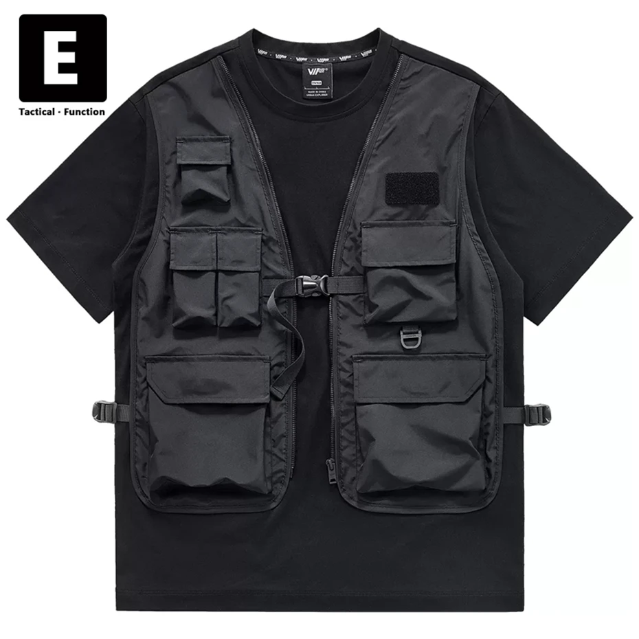 

Multiple Pockets Cargo T-shirt Men Black Techwear T Shirt Summer Short Sleeve Tops Tees Hip Hop Streetwear Patchwork Tshirts