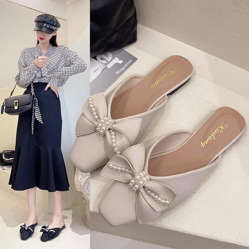 

Low Slippers Casual Shoes Mules For Women 2022 Butterfly-Knot Slides Loafers Pantofle Cover Toe Luxury Flat New Square Butterfly