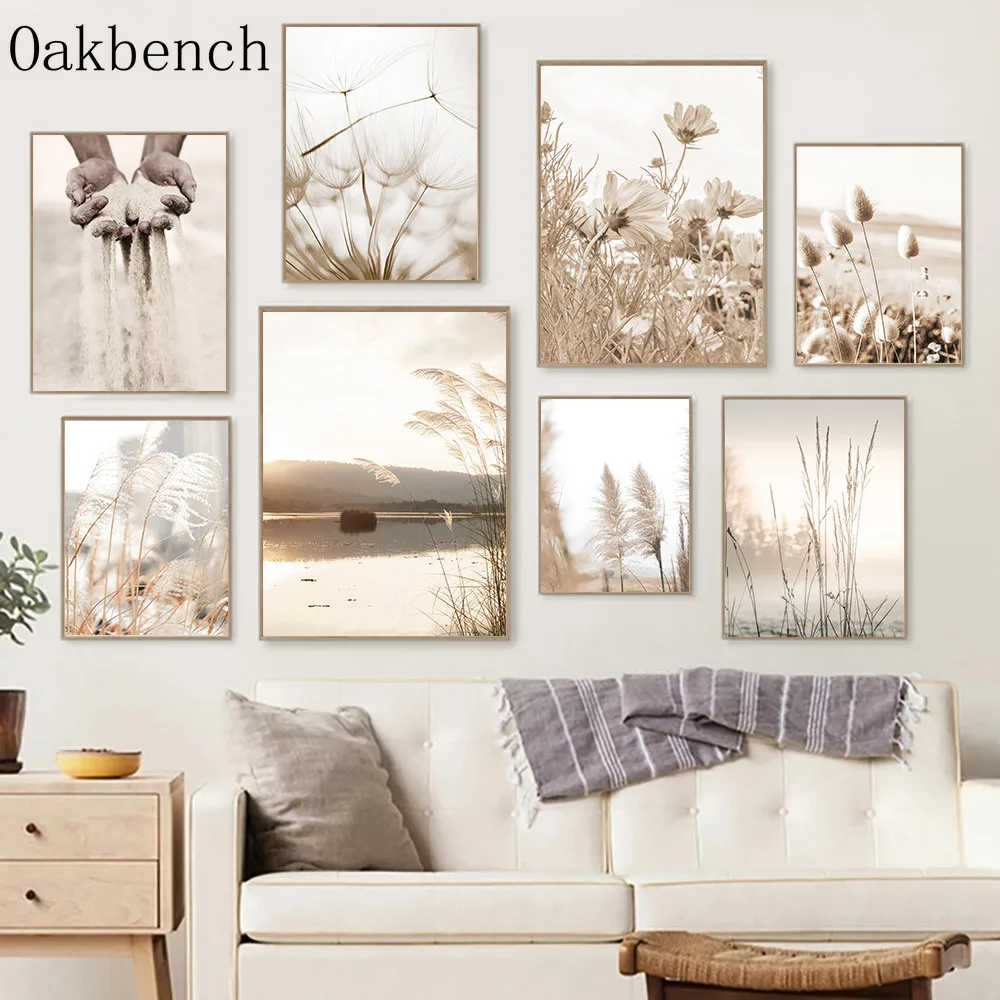 

Beige Flower Canvas Posters Dandelion Art Painting Sand Wall Pictures Reed Wall Art Print Nordic Posters Living Room Decoration