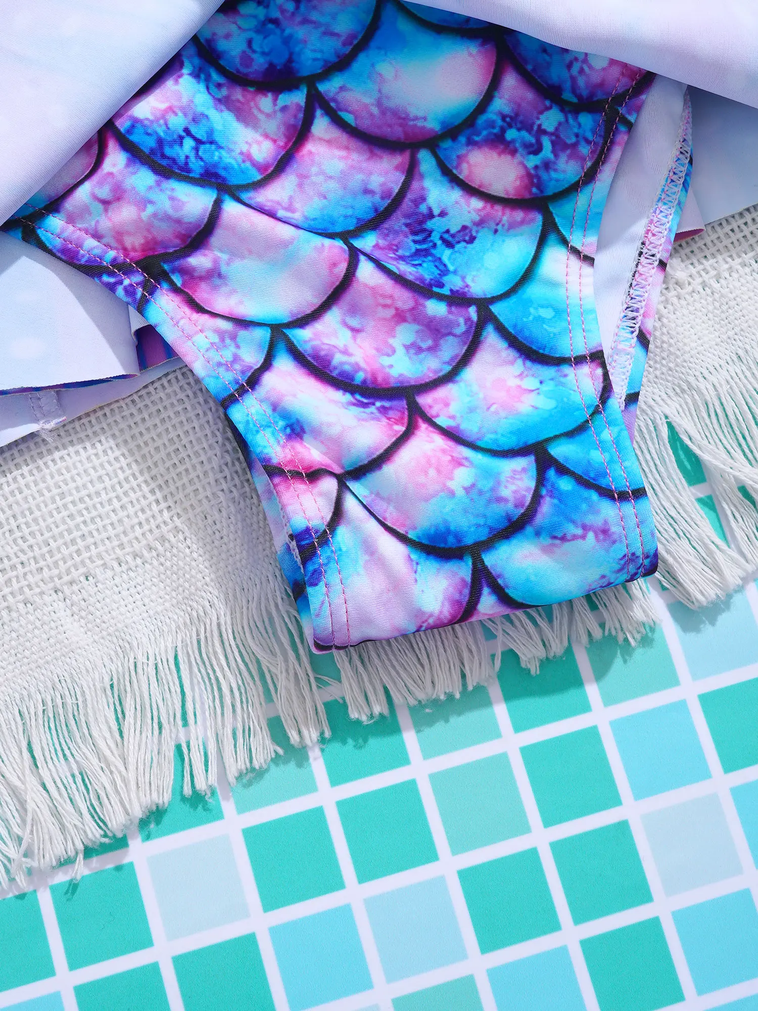 Kids Girls Purple One-piece Swimwear Rash Guard Mermaid Fish Scales Print Swimsuit Straps Ruffle Flounce Beach Surfing Jumpsuit