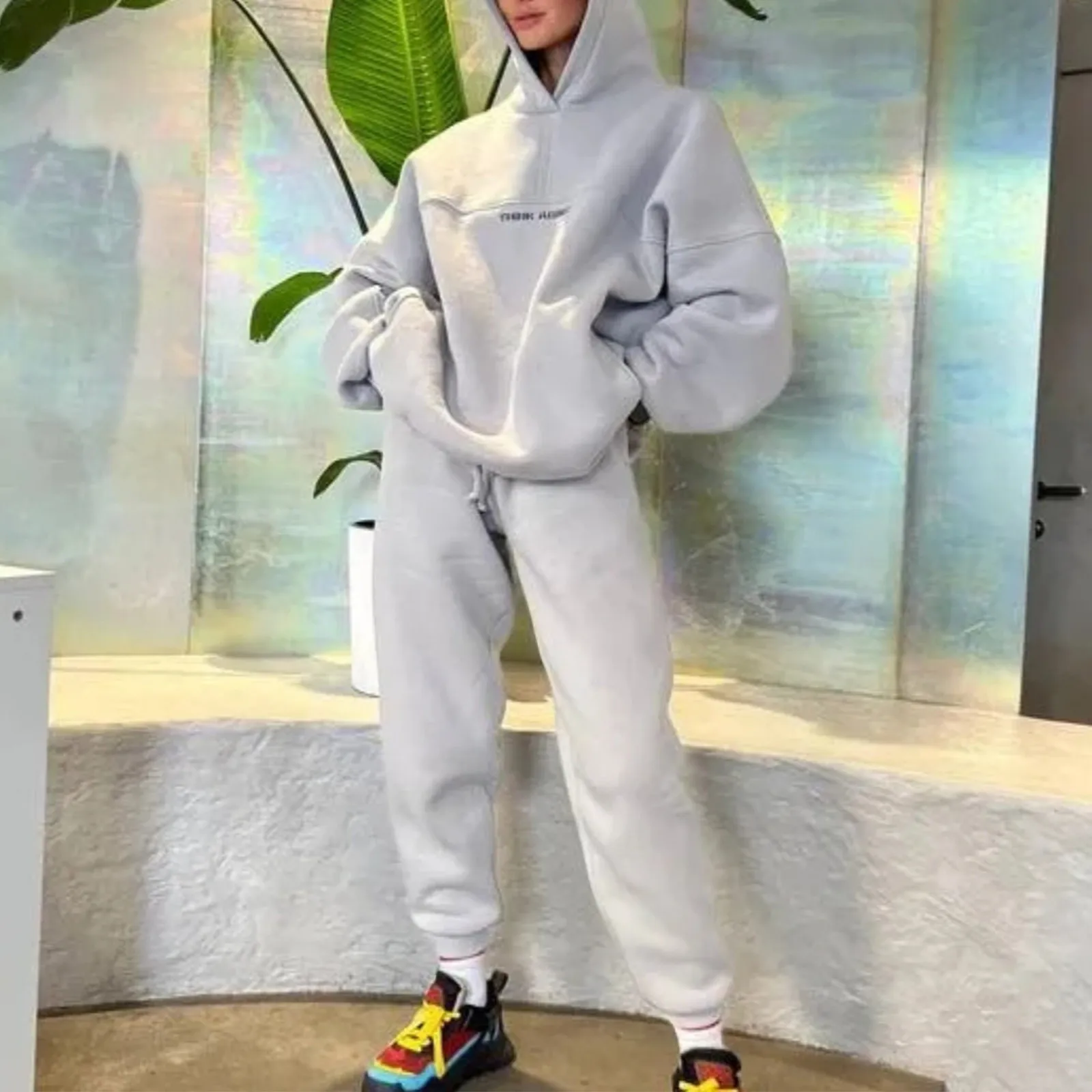 Женский Осенний Повседневный Спортивный костюм Свободный пуловер с надписью