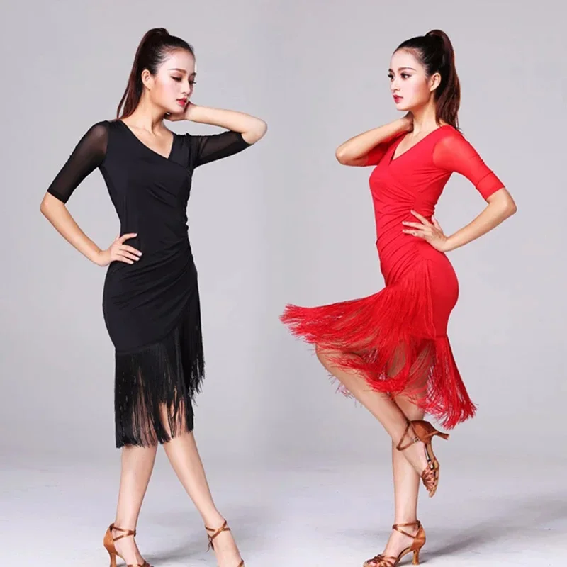 

2020 New Ladies Latin Dance Dress Women Black Stage Costumes Tassel Salsa V-Neck Rumba/Samba Salsa Perform Fitness Dancewear