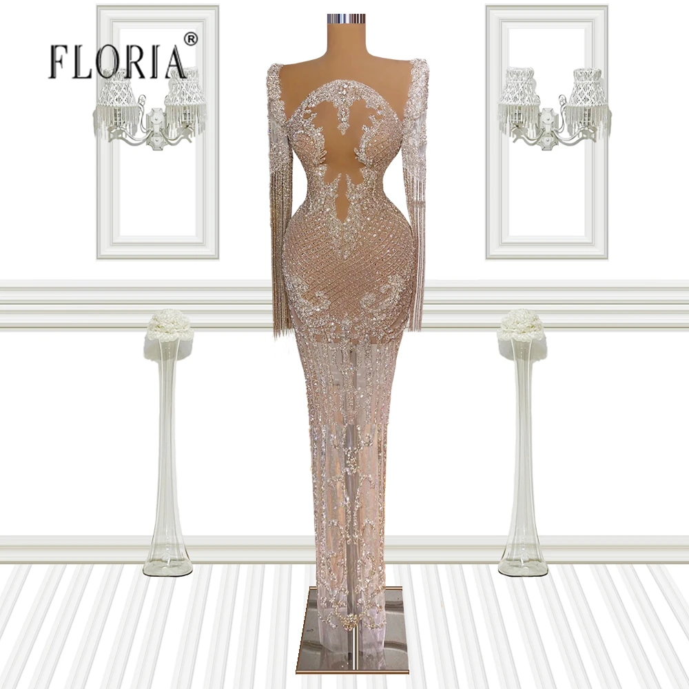 

Elegang See Through Mermaid Long Sleeve Evening Dress SIlver Beaded Nude Tulle Crystals Prom Party Gowns Celebrity Dress
