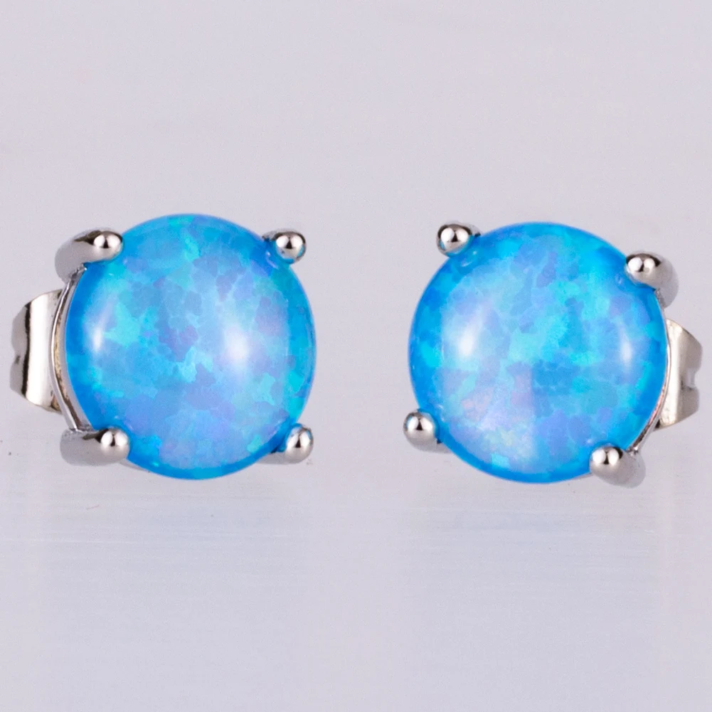 

KONGMOON 8mm Round Ocean Blue Fire Opal Cabochon Silver Plated Jewelry for Women Simple Piercing Stud Earrings