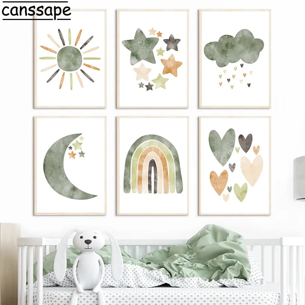 

Rainbow Print Pictures Love Heart Art Prints Sun Cloud Wall Art Moon Star Canvas Painting Nursery Poster Babys Room Decoration