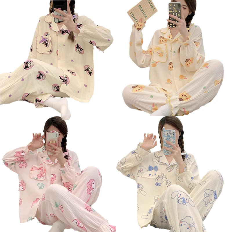 

Kawaii Sanrio Anime Kuromi Women's Pajamas Cinnamoroll My Melody Pom Pom Purin Cotton Yarn Long Sleeve Cartoon New Pajama Set