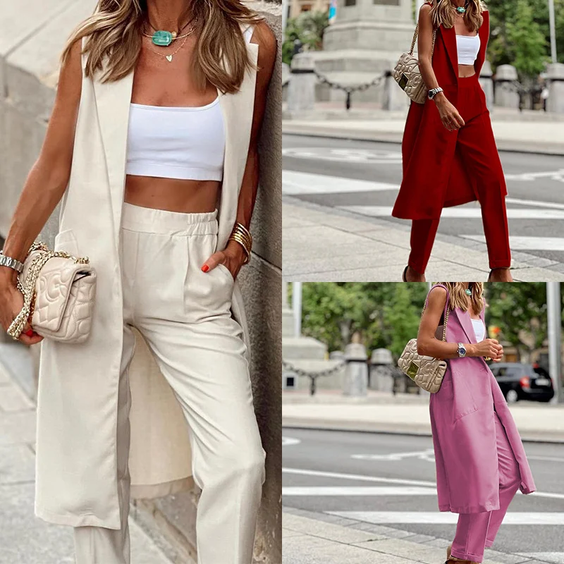 

Sleeveless Loose Fitting Fashion Trend Long Sleeveless Outerwear Straight Pants Two-Piece Set