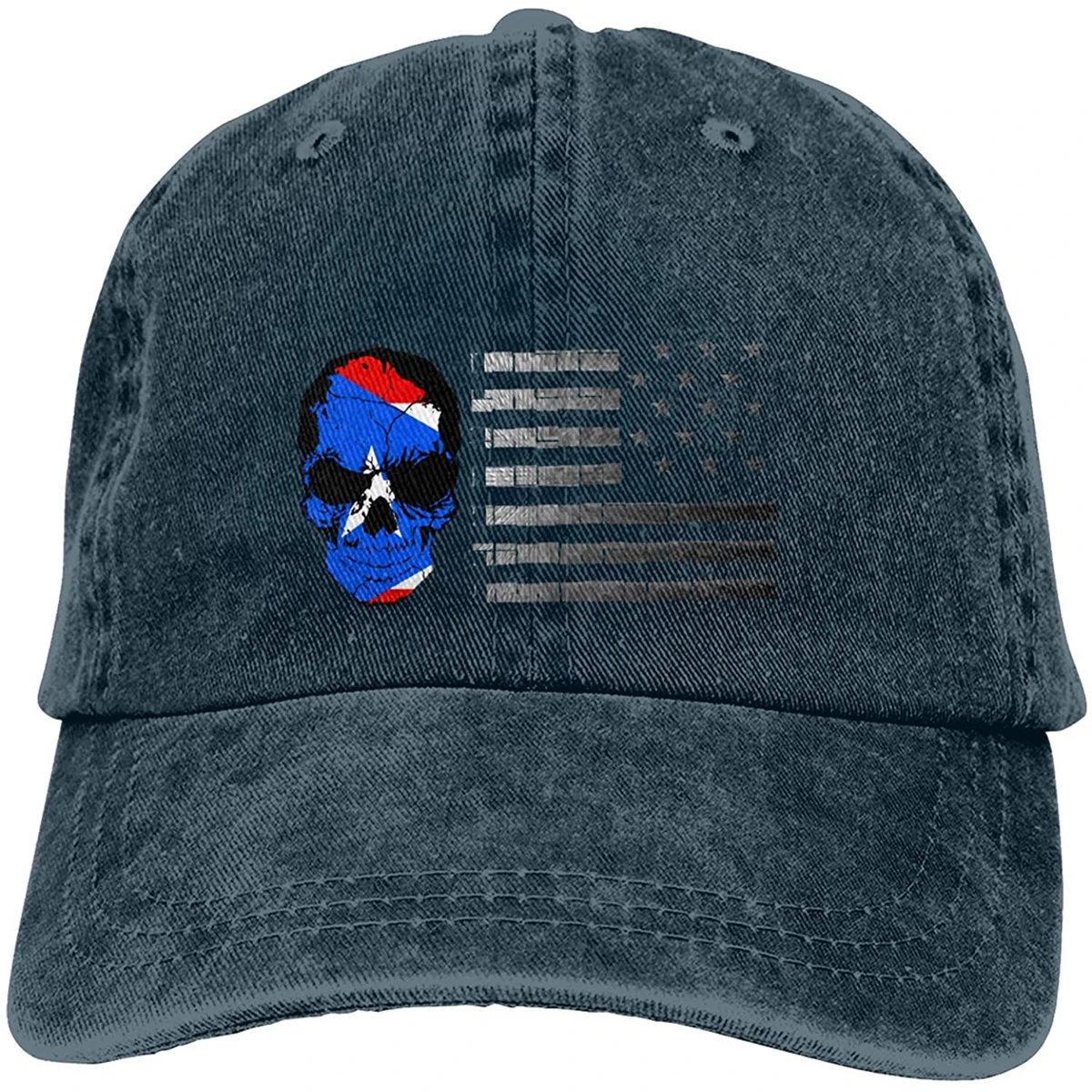 

American Flag with A Puerto Rican Skull Sports Denim Cap Adjustable Unisex Plain Baseball Cowboy Snapback Hat