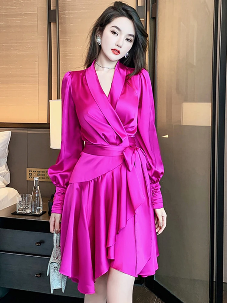 

Fashion Elegant Dresses for Women 2022 Retro Sexy V-neck Satin Ruffles Bandage Folds Mini Wrap Vestido Coffee Break French Style