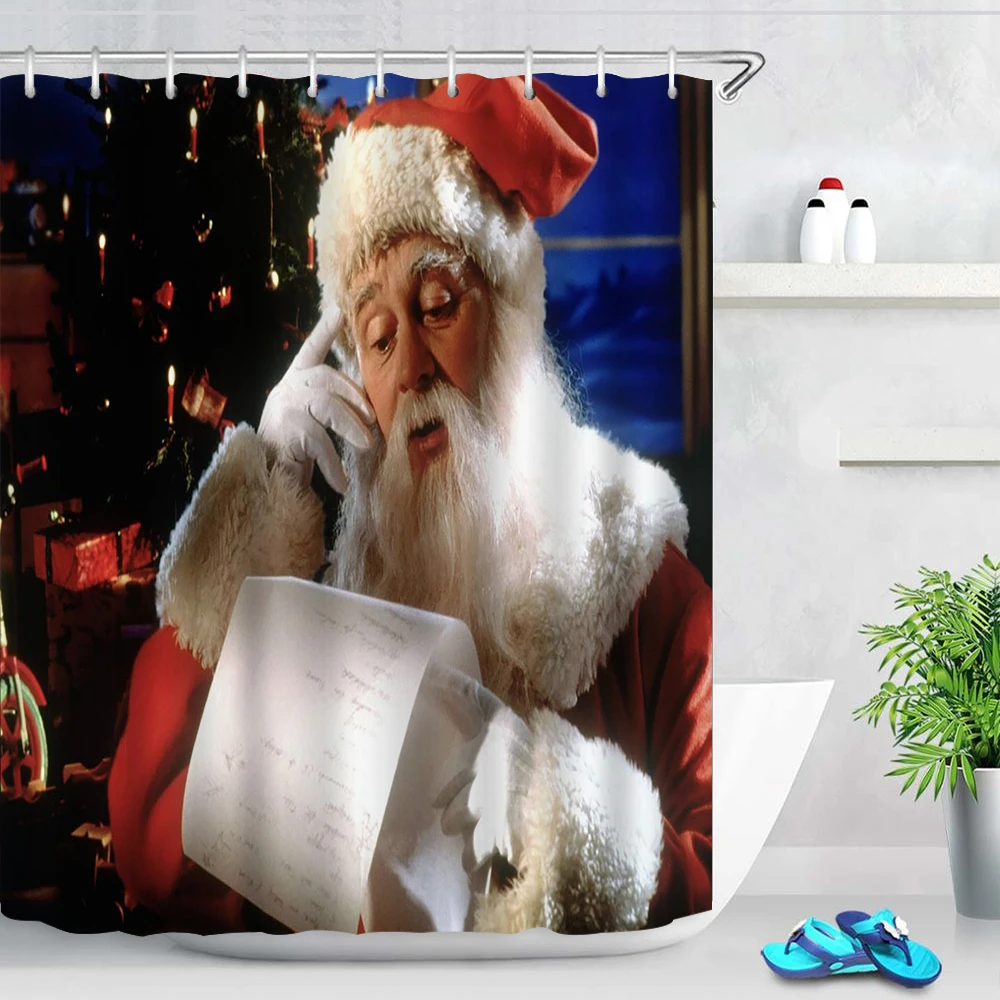

Father Christmas Moose Christmas Gift Shower Curtain Kids Bathroom Screen Kitchen Waterproof Curtain Holiday Decor Cortina Ducha