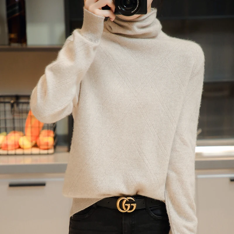 

Winter 2021 Soft Warm Knitwears Woman 100% Pure Wool Knitted Turtleneck 5Colors Sweaters Ladies Long Sleeve Loose Jumpers