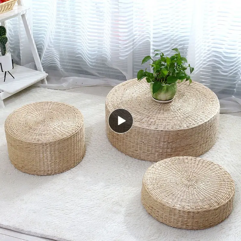 

30x30x10cm Natural Straw Round Pouf Tatami Cushion Weave Handmade Pillow Floor Japanese Style Cushion With Silk Wadding Textile