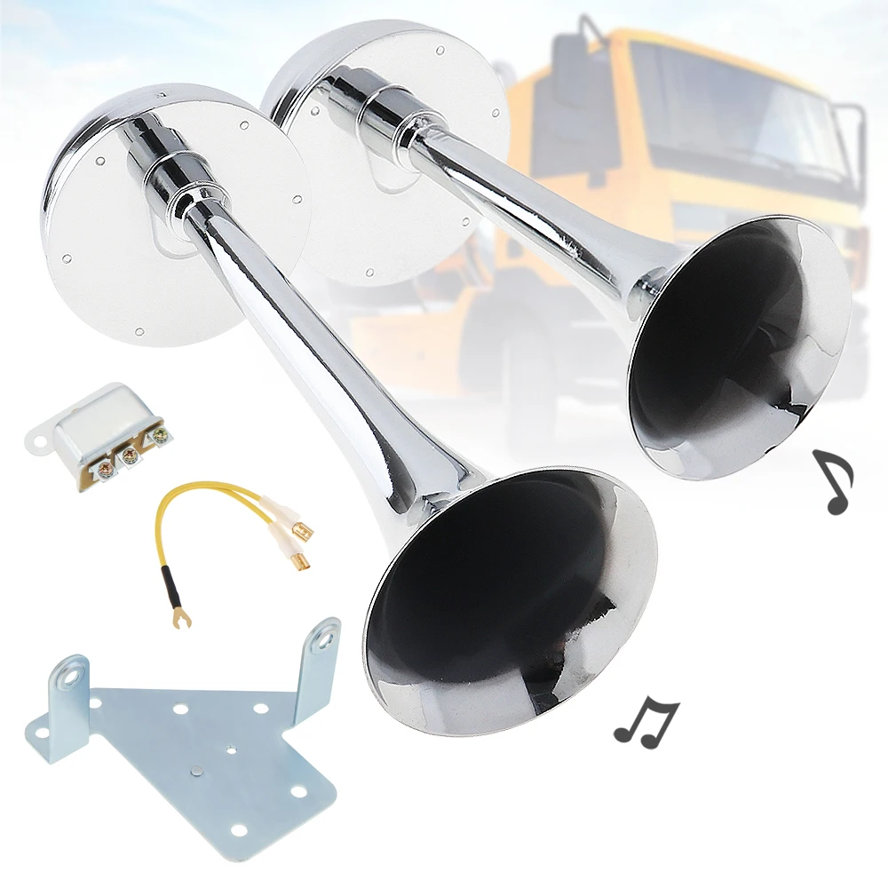 12V / 24V 126DB Super Loud Powerful Dual Trumpet All Metal Tracheal Electric Air Horn with Bracket Relay No Need Compressor